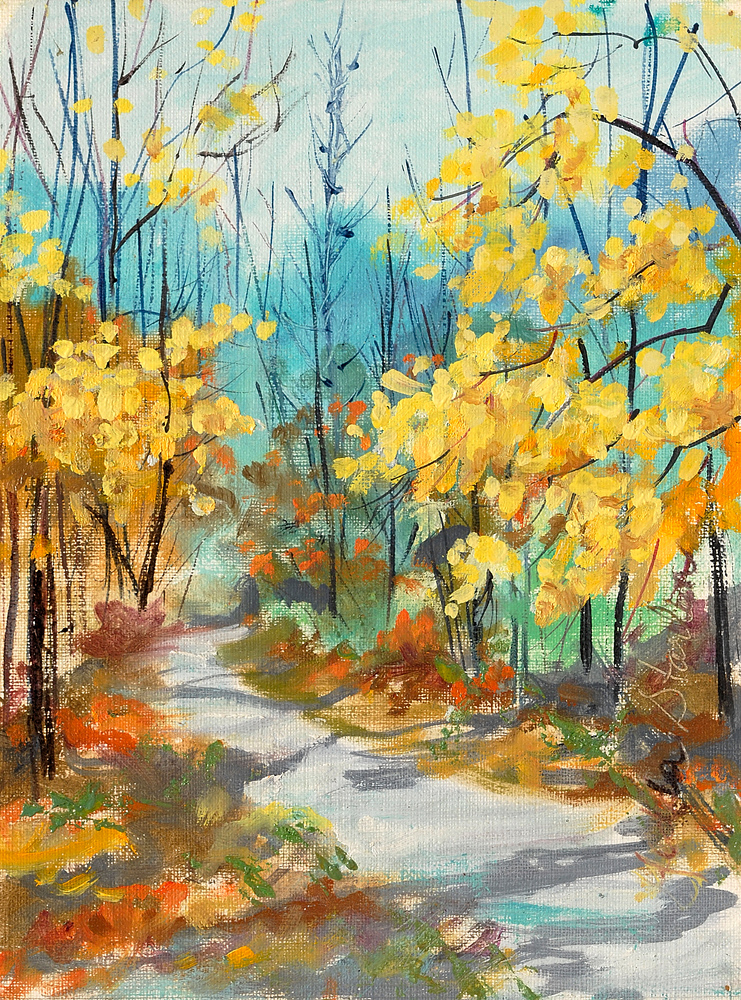 A painting of colorful fall trees along a forest trail in Tennessee by Gedda Starlin.