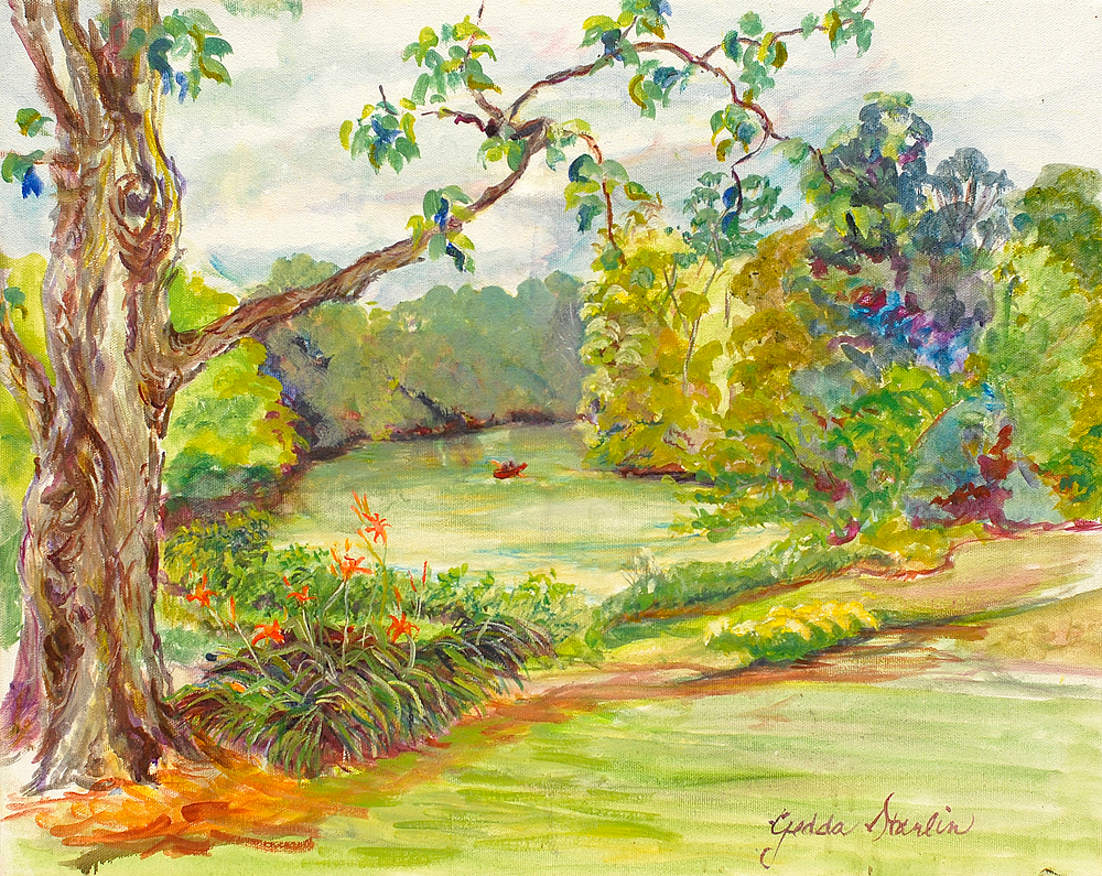 Painting of trees and lilies growing on the banks of the Saint Joseph River with a canoe on the water by Gedda Starlin.
