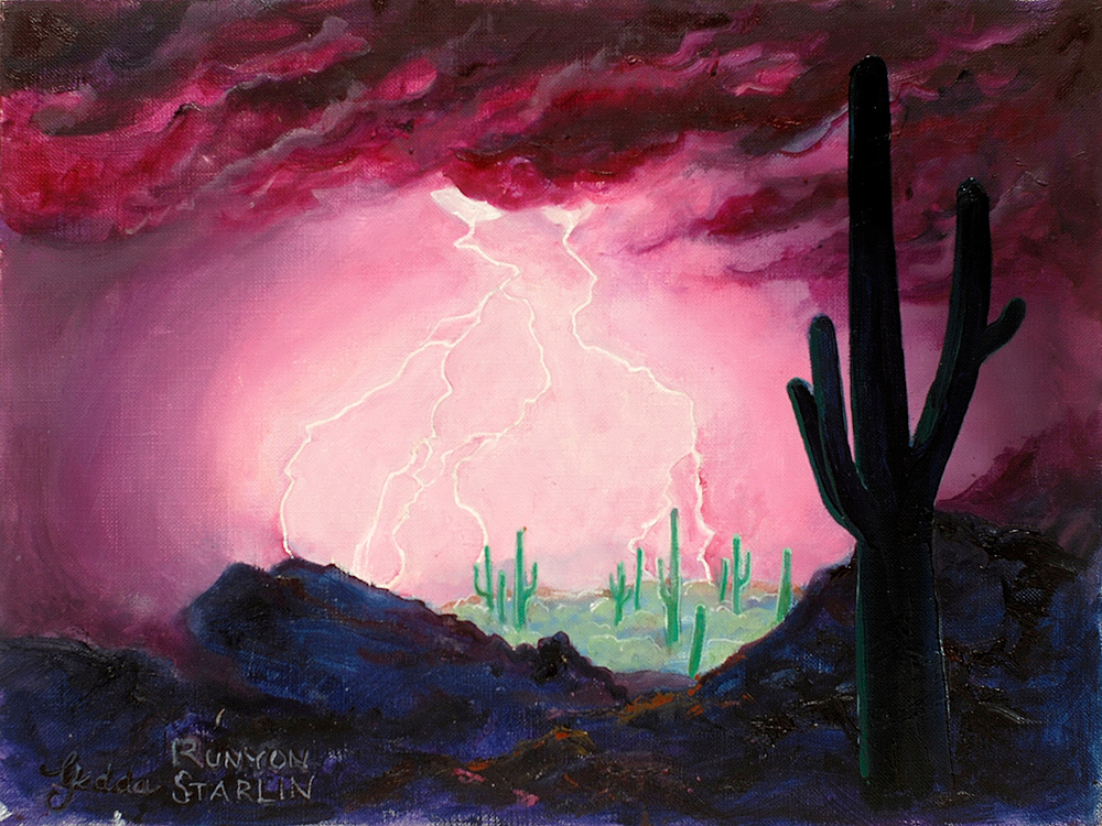 Oil painting of a lightening strike from dark purple clouds in a storm over saguaro cacti in the Arizona Desert by Gedda Starlin.