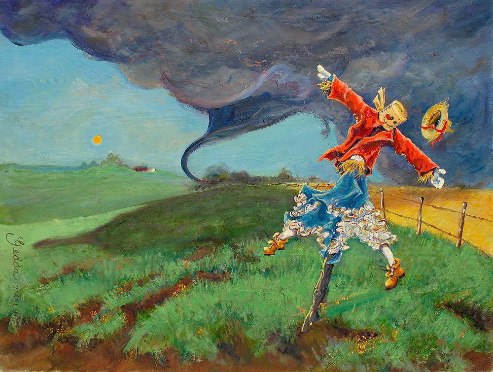 An oil painting of a midwestern tornado tearing at a scarecrow in rural Indiana by Gedda Starlin.