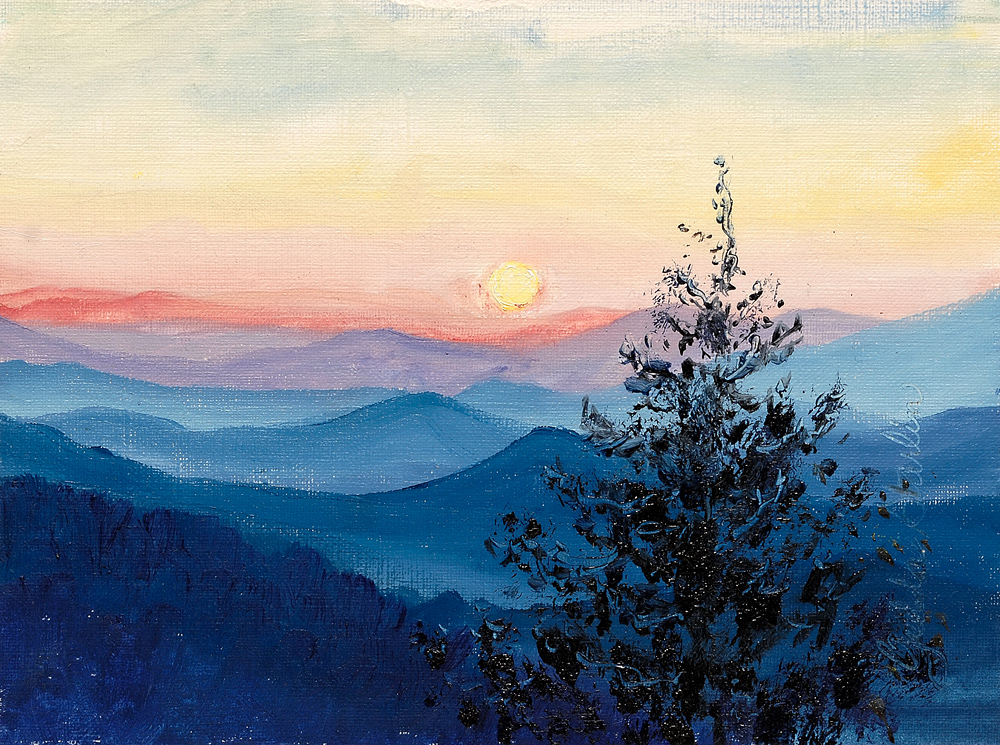 A painting of the sun rising over the Smoky Mountains in Tennessee by Gedda Starlin.