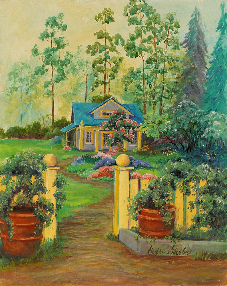 Oil painting of a brightly colored cottage surrounded by trees and flowers in rural Indiana by Gedda Starlin.