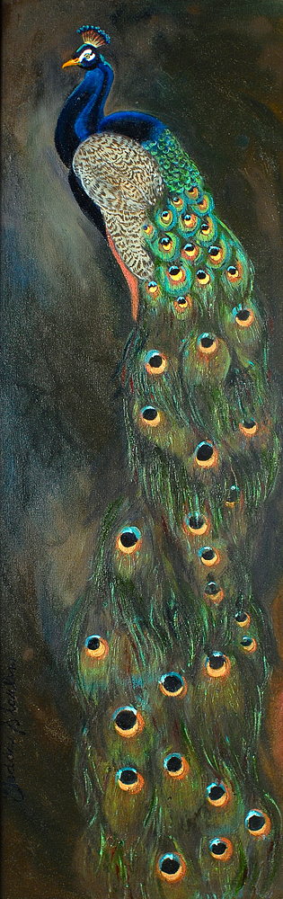 Painting of a male peacock by Gedda Starlin.