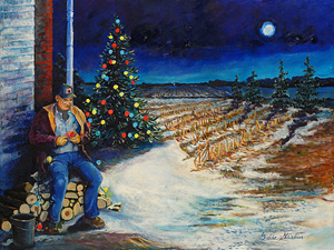 A farmer sits on a pile of logs setting up lights for the Christmas tree on a winter evening.